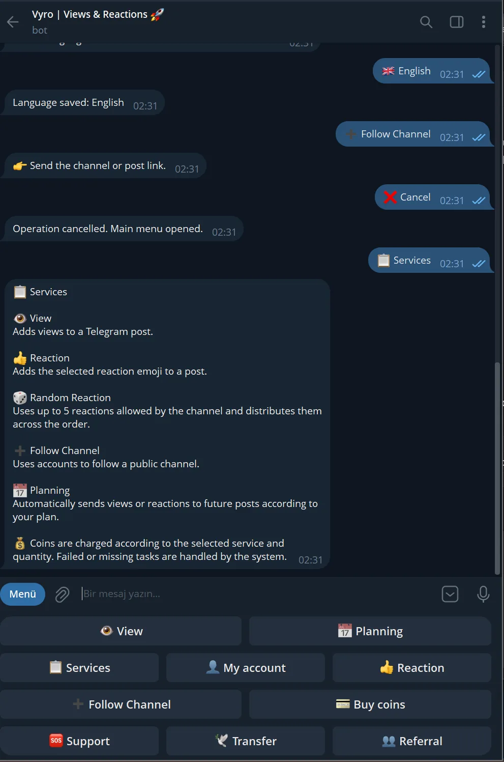 Vyro Telegram views reactions and services preview
